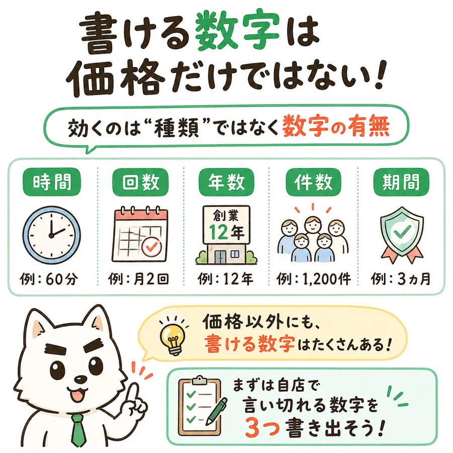 書ける数字は価格だけではない。効くのは種類ではなく数字の有無。時間の例は60分、回数の例は月2回、年数の例は創業12年、件数の例は1,200件、期間の例は3ヵ月。価格以外にも書ける数字はたくさんある。まずは自店で言い切れる数字を3つ書き出そう。