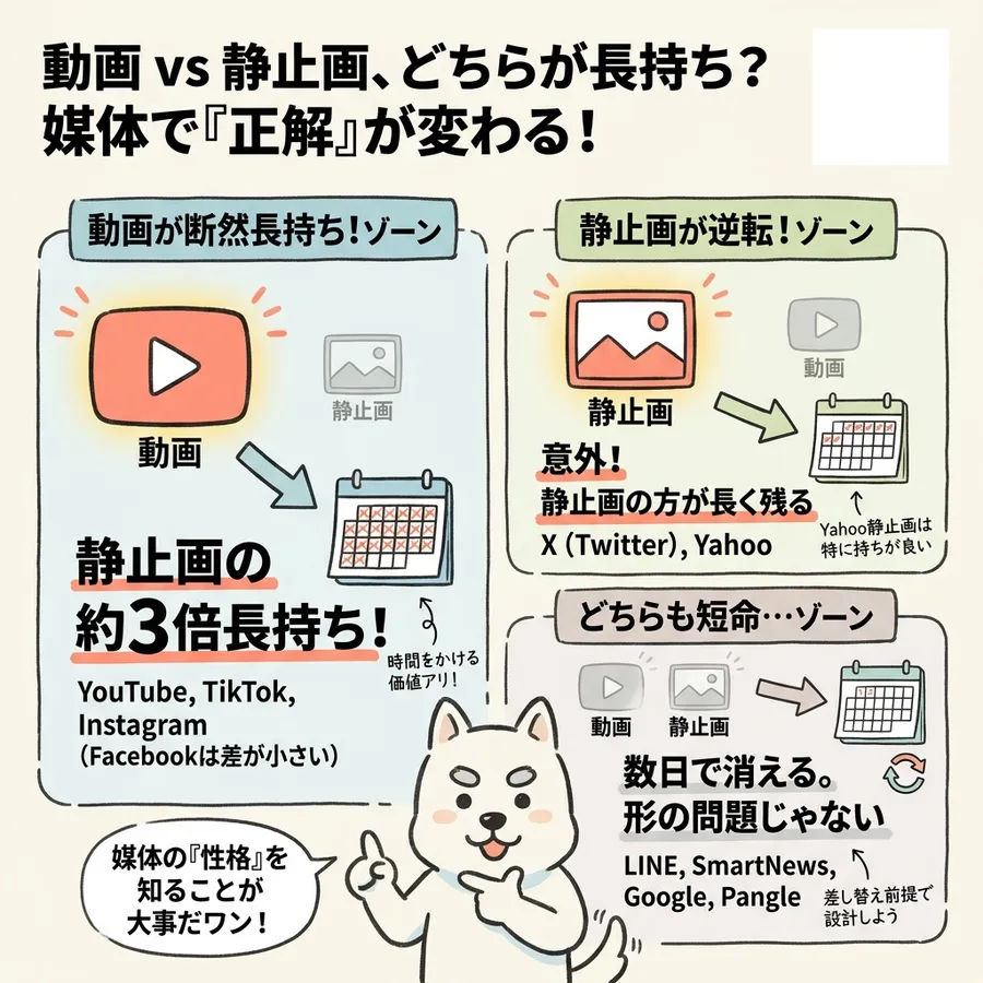 動画と静止画のどちらが長持ちするかは媒体で変わる。動画が断然長持ちするゾーンは、静止画の約3倍長持ちで、YouTube・TikTok・Instagram（Facebookは差が小さい）。静止画が逆転するゾーンはXとYahooで、Yahooの静止画は特に持ちが良い。どちらも短命のゾーンは数日で消え、形の問題ではない。LINE・SmartNews・Google・Pangleは差し替え前提で設計する。