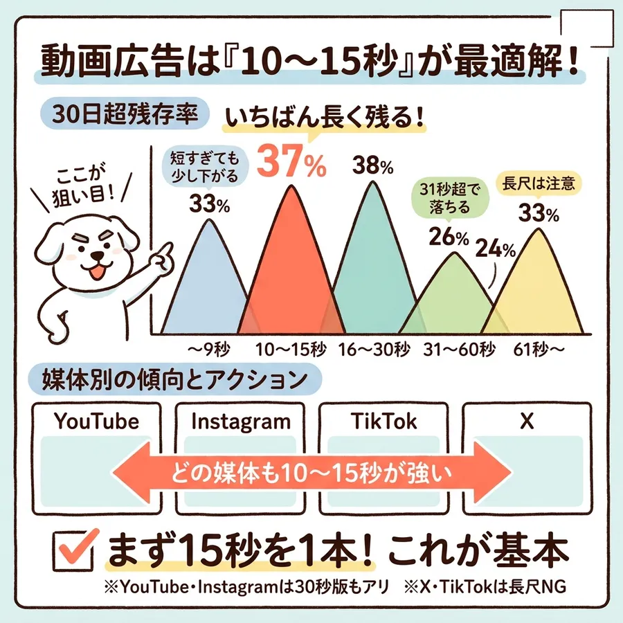 動画広告は10〜15秒が最適解。30日超の残存率は、〜9秒が33%、10〜15秒が37%、16〜30秒が38%、31〜60秒が26%、61秒〜が24%。短すぎても少し下がり、31秒超で落ちる。媒体別の傾向として、YouTube・Instagram・TikTok・Xのどの媒体も10〜15秒が強い。まず15秒を1本作るのが基本で、YouTubeとInstagramは30秒版もあり、XとTikTokは長尺を避ける。