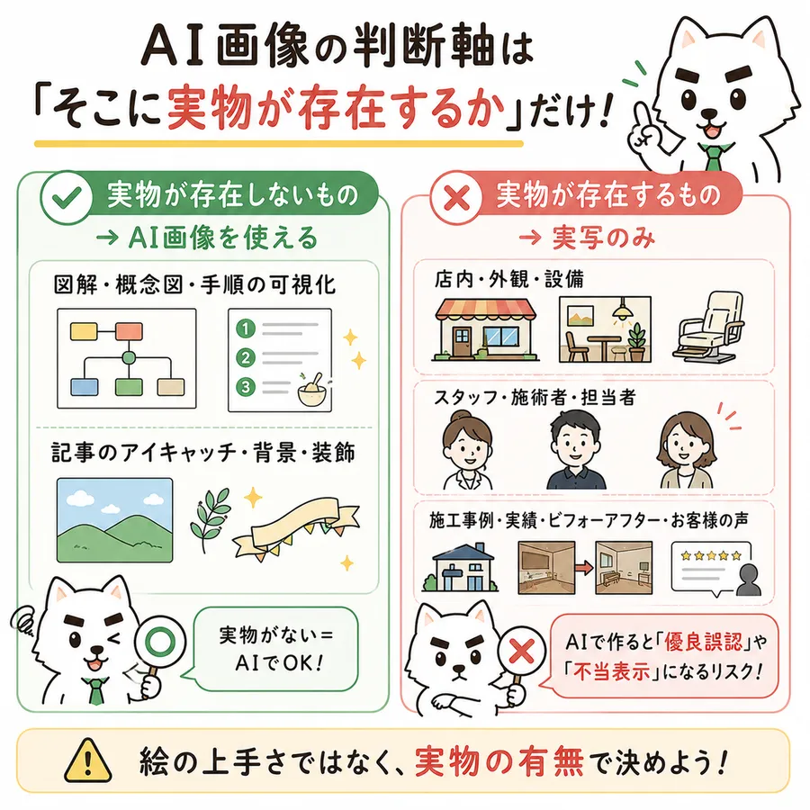AI画像の判断軸は「そこに実物が存在するか」だけ。実物が存在しないものはAI画像を使える。図解・概念図・手順の可視化、記事のアイキャッチ・背景・装飾。実物がないならAIでOK。実物が存在するものは実写のみ。店内・外観・設備、スタッフ・施術者・担当者、施工事例・実績・ビフォーアフター・お客様の声。AIで作ると優良誤認や不当表示になるリスクがある。絵の上手さではなく、実物の有無で決める。