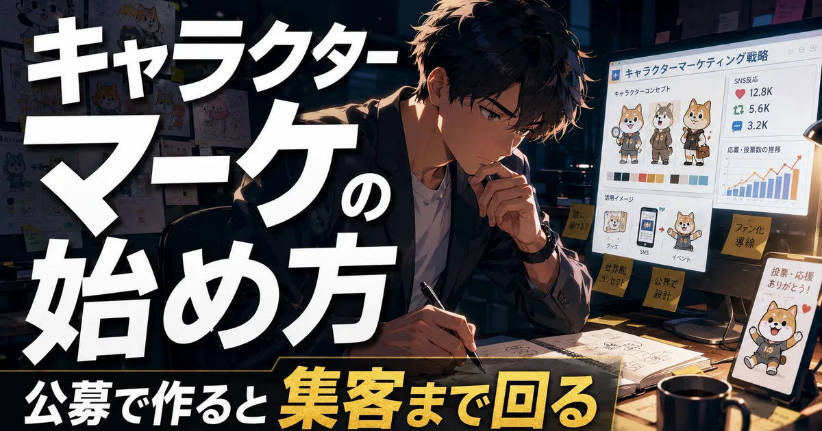 「キャラクターマーケの始め方」「公募で作ると集客まで回る」の文字。キャラクターを描く人物と、SNS反応や応募数の推移を映した画面