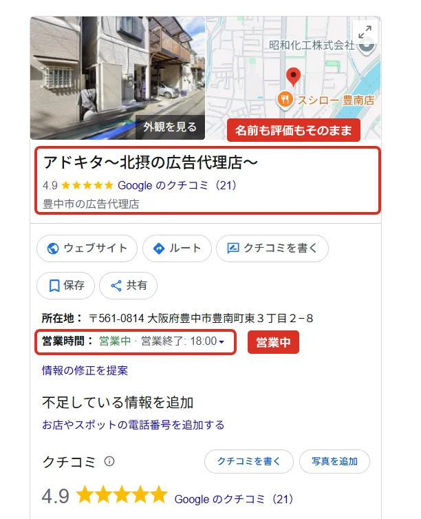 Google検索の右側に出るビジネスプロフィール。上に外観の写真と地図。アドキタ～北摂の広告代理店～。4.9、星5つ、Google のクチコミ（21）。豊中市の広告代理店。ウェブサイト、ルート、クチコミを書く、保存、共有のボタン。所在地 〒561-0814 大阪府豊中市豊南町東3丁目2−8。営業時間 営業中・営業終了 18:00。情報の修正を提案。不足している情報を追加、お店やスポットの電話番号を追加する。クチコミ 4.9 星5つ Google のクチコミ（21）。赤枠で名前と評価に「名前も評価もそのまま」、営業時間に「営業中」。