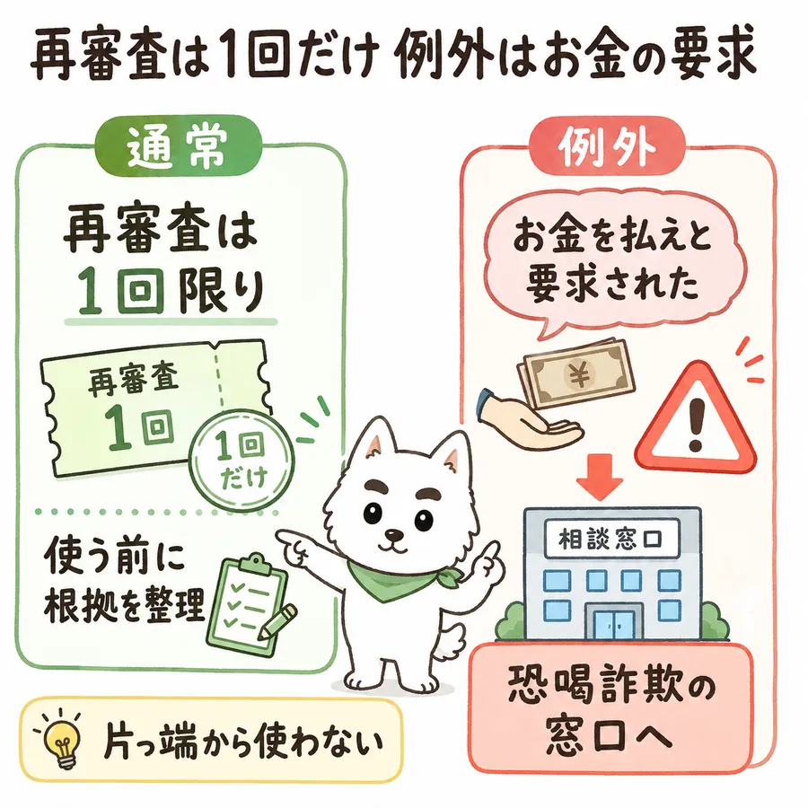 再審査は1回だけ、例外はお金の要求。通常は再審査は1回限りで、使う前に根拠を整理する。片っ端から使わない。例外として「お金を払えと要求された」場合は、恐喝詐欺の窓口へ行く。