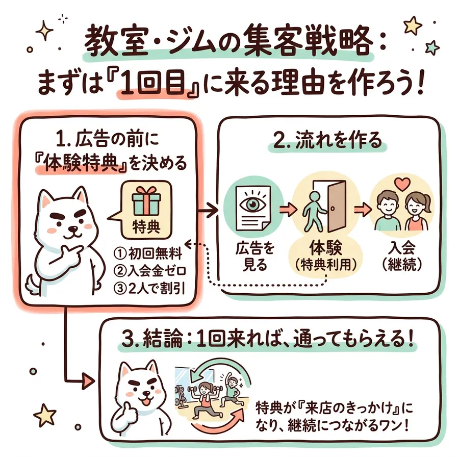 教室・ジムの集客戦略：まずは「1回目」に来る理由を作ろう。1. 広告の前に「体験特典」を決める。特典：①初回無料 ②入会金ゼロ ③2人で割引。2. 流れを作る：広告を見る→体験（特典利用）→入会（継続）。3. 結論：1回来れば、通ってもらえる。特典が「来店のきっかけ」になり、継続につながるワン。