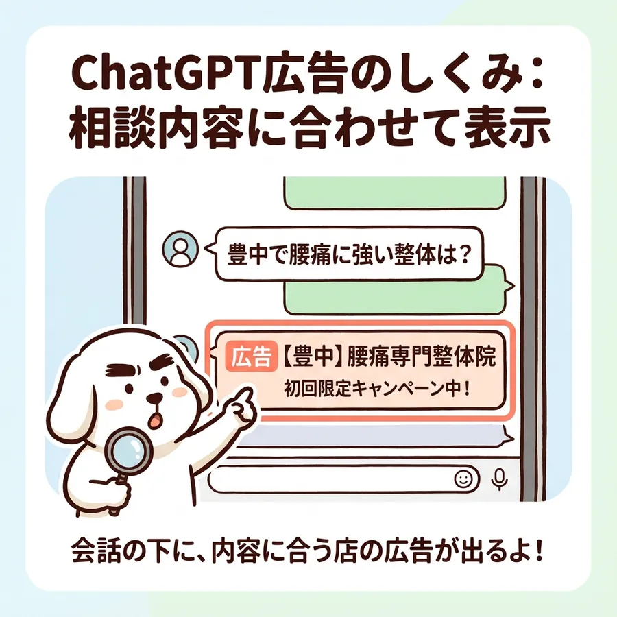 ChatGPT広告のしくみ：相談内容に合わせて表示。「豊中で腰痛に強い整体は？」という相談の下に、「広告【豊中】腰痛専門整体院 初回限定キャンペーン中！」と表示されている。会話の下に、内容に合う店の広告が出るよ。