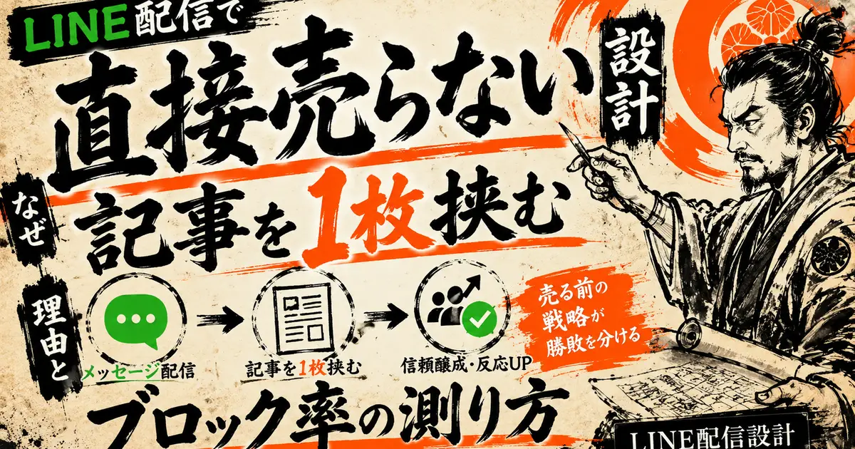 「LINE配信で直接売らない設計」「なぜ記事を1枚挟む理由とブロック率の測り方」の文字。メッセージ配信→記事を1枚挟む→信頼醸成・反応UPの流れ図