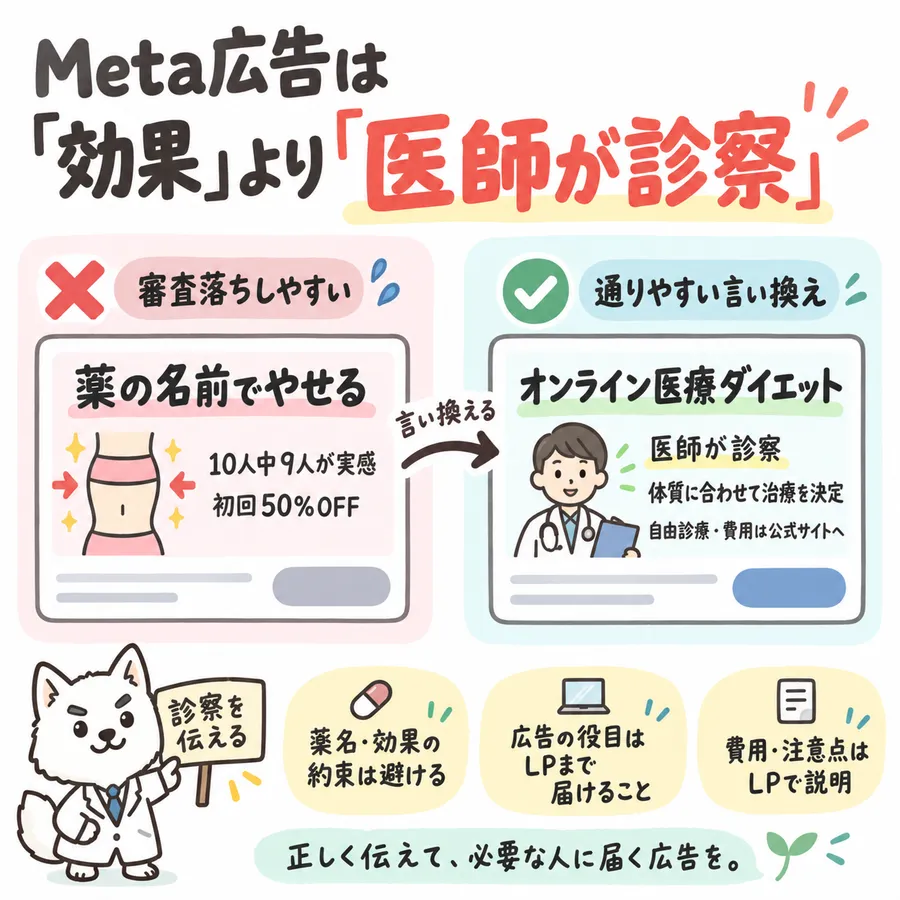 「Meta広告は「効果」より「医師が診察」」という見出しの図。左の「審査落ちしやすい」バナーは「薬の名前でやせる」「10人中9人が実感」「初回50%OFF」とお腹を寄せた絵。矢印「言い換える」で右の「通りやすい言い換え」バナーへ。右は「オンライン医療ダイエット」「医師が診察」「体質に合わせて治療を決定」「自由診療・費用は公式サイトへ」と医師の絵。下に「薬名・効果の約束は避ける」「広告の役目はLPまで届けること」「費用・注意点はLPで説明」。白い犬が「診察を伝える」の札を持ち、最下段に「正しく伝えて、必要な人に届く広告を。」