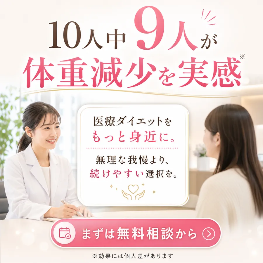 医療ダイエットの静止画広告。上に大きく「10人中9人が体重減少を実感※」。中央に白衣の女性が相談を受ける写真と「医療ダイエットをもっと身近に。無理な我慢より、続けやすい選択を。」。下に「まずは無料相談から」のボタンと「※効果には個人差があります」の注記