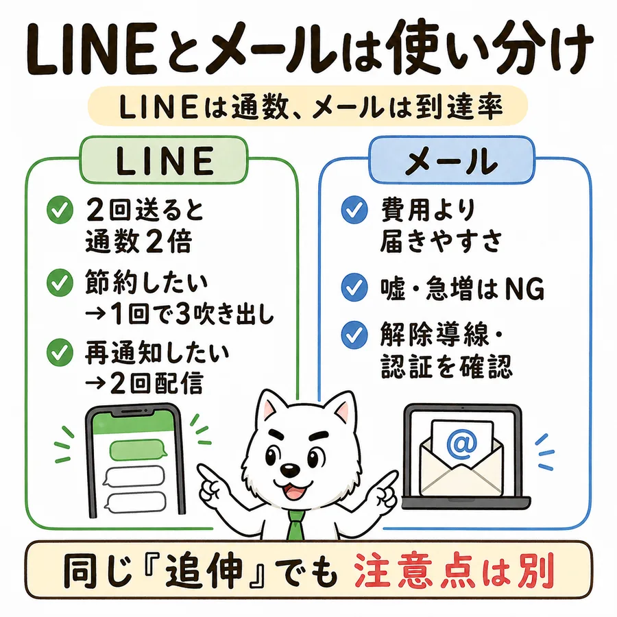 LINEとメールの使い分け。LINEは2回送ると通数が2倍になるため、節約したいなら1回で3吹き出し、再通知したいなら2回配信。メールは費用より届きやすさが問題で、嘘や急増はNG、解除導線と認証を確認する。