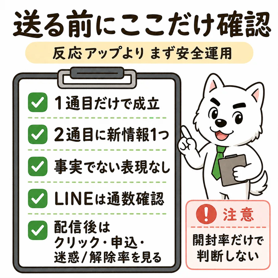 送る前の確認項目。1通目だけで成立、2通目に新情報1つ、事実でない表現なし、LINEは通数確認、配信後はクリック・申込・迷惑率と解除率を見る。開封率だけで判断しない。
