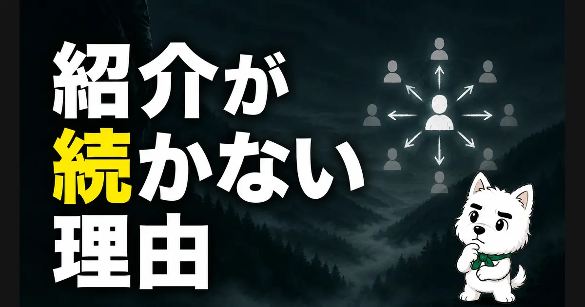 霧の谷を背景に「紹介が続かない理由」の大きな文字（続が黄色）。右に人が放射状につながった図と、考え込む白い犬