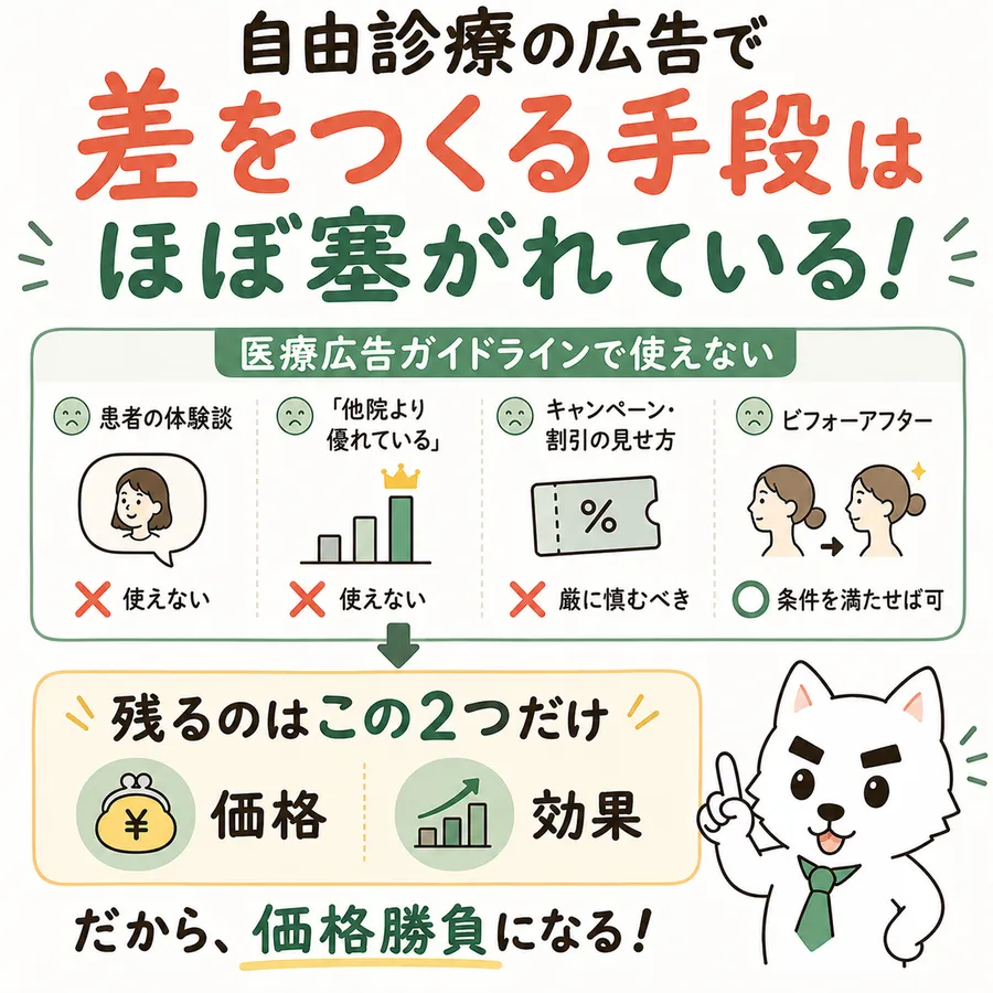 「自由診療の広告で差をつくる手段はほぼ塞がれている！」という見出しの図。医療広告ガイドラインで使えないものとして、患者の体験談（使えない）、「他院より優れている」（使えない）、キャンペーン・割引の見せ方（厳に慎むべき）、ビフォーアフター（条件を満たせば可）の4つが並ぶ。矢印の先に「残るのはこの2つだけ」として価格と効果。下に「だから、価格勝負になる！」