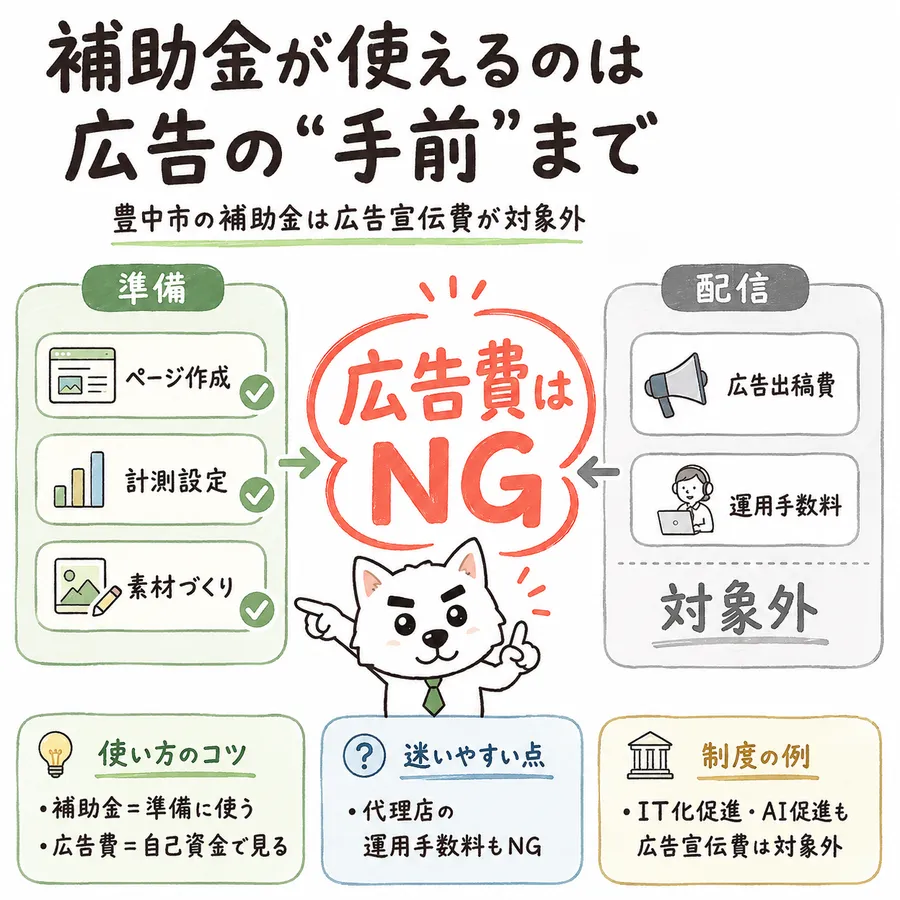 図解。見出しは「補助金が使えるのは広告の「手前」まで」「豊中市の補助金は広告宣伝費が対象外」。左の緑の枠が「準備」で、「ページ作成」「計測設定」「素材づくり」にチェック。右のグレーの枠が「配信」で、「広告出稿費」「運用手数料」が並び「対象外」。中央に赤い文字で「広告費はNG」。下段に3つの箱。「使い方のコツ: 補助金=準備に使う/広告費=自己資金で見る」「迷いやすい点: 代理店の運用手数料もNG」「制度の例: IT化促進・AI促進も広告宣伝費は対象外」