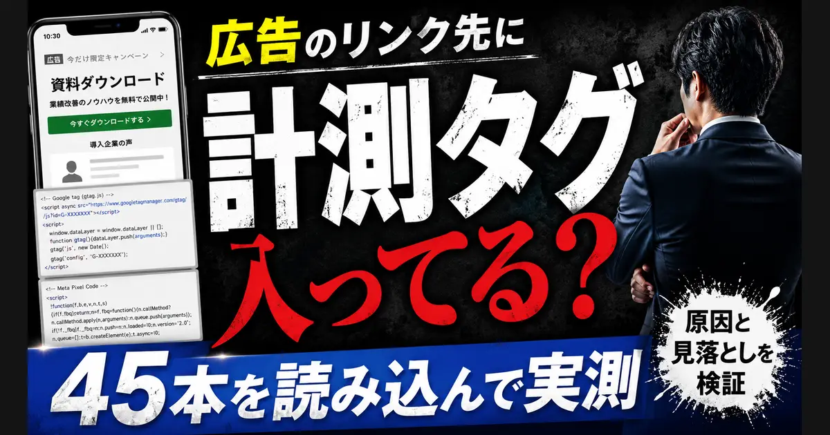 「広告のリンク先に計測タグ入ってる？」「45本を読み込んで実測」「原因と見落としを検証」の文字。計測タグのコードとスマートフォンの画面、後ろ姿のスーツの人物