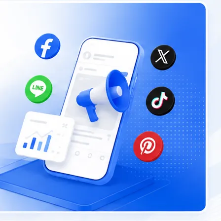 アドキタのSNS広告運用イメージ（Facebook・X・LINE・TikTok・Pinterest対応）