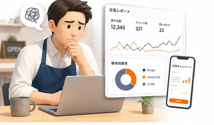 広告レポートや媒体別費用のダッシュボードを見ながら運用に悩む店舗オーナー