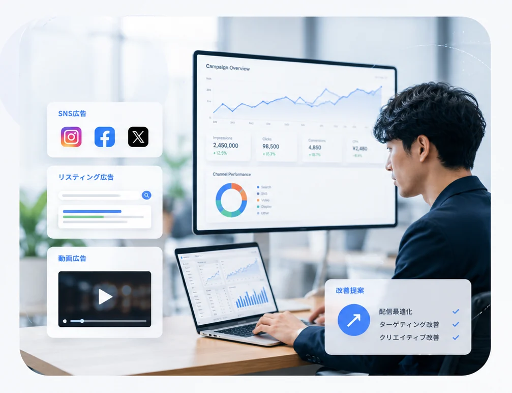 広告運用者の業務イメージ。SNS・リスティング・動画広告のダッシュボードを分析し、配信最適化やターゲティング改善などの改善提案を行う様子。
